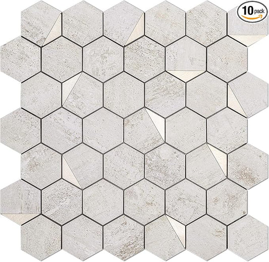 DICOFUN 10-Sheet Hexagon Tile Peel and Stick Backsplash, Beige Stone Look PVC Mixed Gold Metal Mosaic Tiles for Kitchen and Bathroom