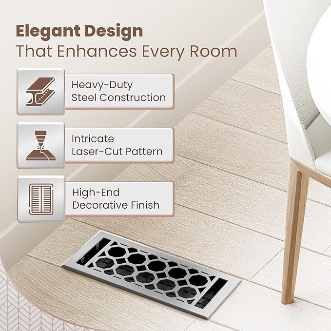 Floor Register 4x10 Vent Cover – Heavy-Duty Steel, Rustproof & Walkable Grates, Easy Drop-in Install, Adjustable Air Supply Switch - Decorative Honeycomb Design, Brushed Nickel