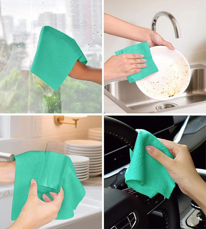 Microfiber Cleaning Cloth Roll–100 Pack, Tear Away Microfiber Towels, Reusable, Washable, Scratch-Free, Kitchen Towels for Car, Home, Kitchen, Glass, Dishes (Malachite Green)