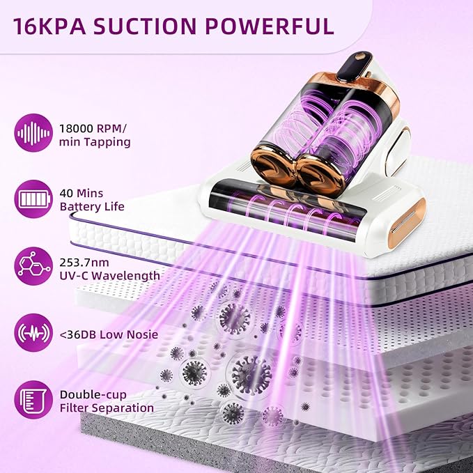 Mattress Vacuum Cordless with 16Kpa Suction & HEPA Dust Cups, 253.7nm UV-C Light & Ultrasonic, Low Noise Widened Suction Port Handheld Vacuum for Bed Pillows Couch Car Seat Rugs, Pearl White