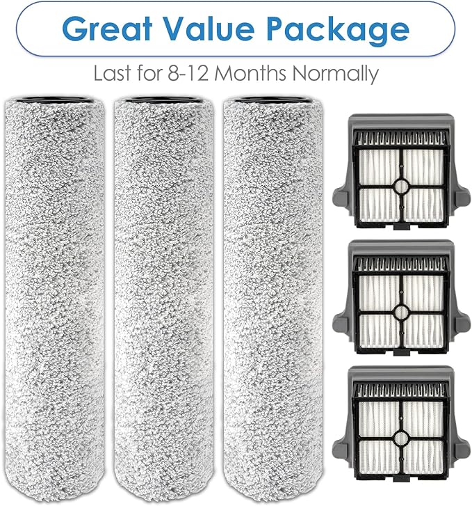 【Version 2, Detachable Roller】(6 Pack) S7 Pro Brush Rollers and HEPA Filters Compatible With Tineco Floor One S7 Pro, Floor One S6 Wet Dry Vacuum Cleaner, 3 Roller and 3 Filters (Excluding Handle)