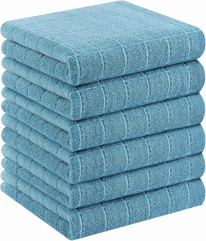 Homaxy 100% Cotton Terry Kitchen Towels(Lake Blue, 13 x 28 inches), Checkered Designed, Soft and Super Absorbent Dish Towels, 6 Pack