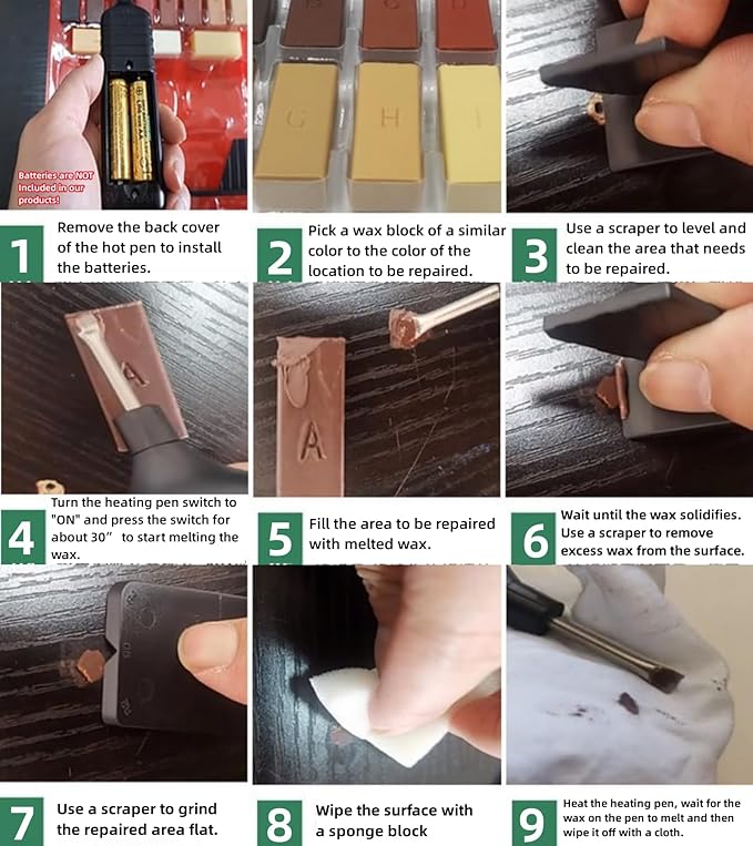 Hardwood Floor Repair Kit, Wood Floor Repair Kit with 11 Colors Repair Wax Blocks, Wood Furniture Repair Kit, Restore Any Scratches, Cracks for Wood Floors, Cabinet, Table, Door, Bookcase