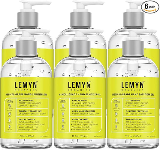 Medical‑Grade Hand Sanitizer Gel – 97 % Organic | 70 % USP Ethyl Alcohol | Moisturizing Aloe + Hyaluronic Acid | Freshly Made in USA | 12oz Bottle with Pump (PACK OF 6)