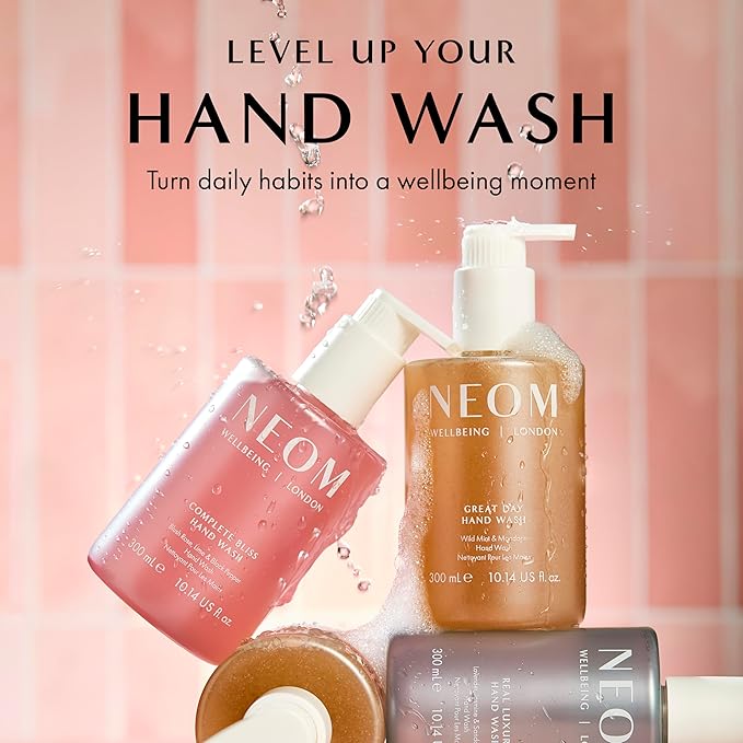 Neom Complete Bliss Hand Wash, 300ml | Blush Rose, Lime & Black Pepper I Natural colour derived from gardenia fruit I 100% Recyclable Bottle I Refillable