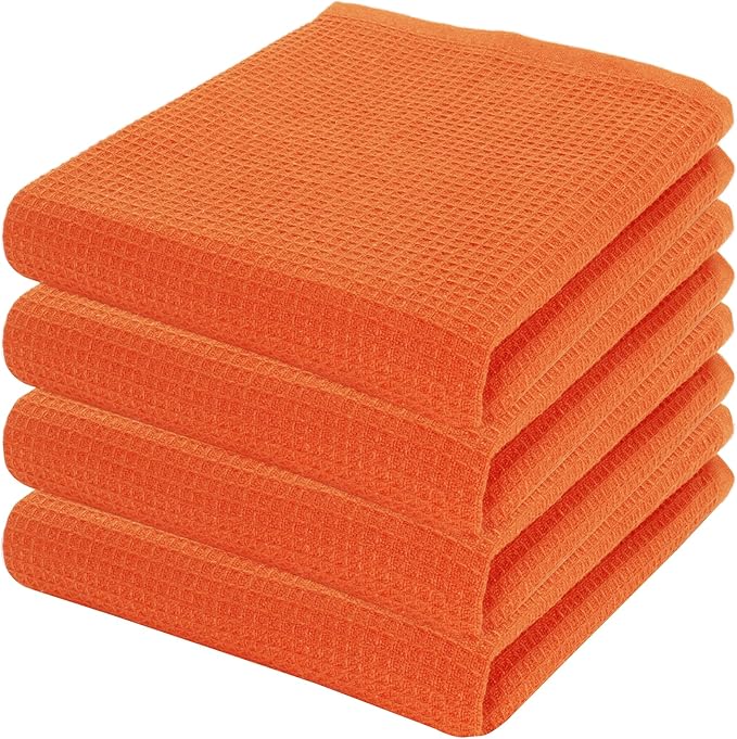 PurpleEssences Waffle Weave Kitchen Towel, 100% Cotton, 15x25 Inches, with Hanging Loop Ultra Soft Absorbent Quick Drying Dish Cloth, Tea and Hand Towels, 4 Pack - Christmas Holiday Winter - Orange