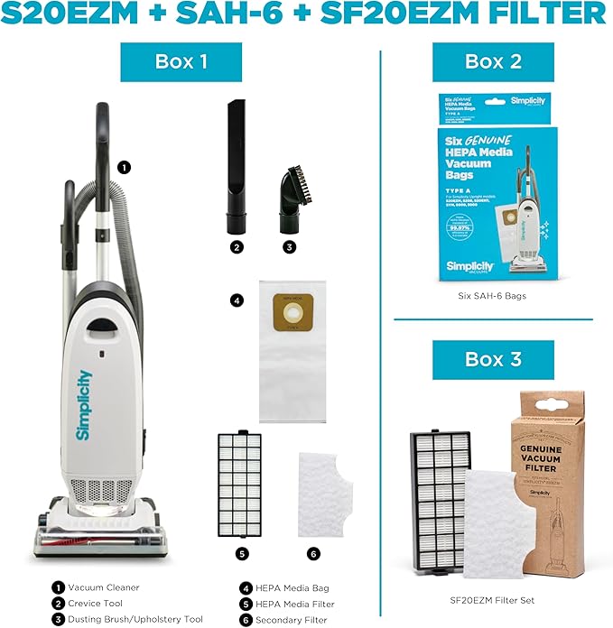Simplicity Vacuums Allergy Upright Vacuum with Bags and Filter Set Bundle, Bagged Vacuum Cleaner with Certified Hepa Vacuum for Pet Hair, S20EZM