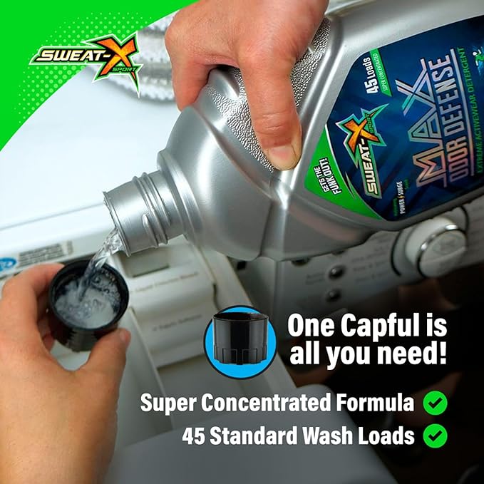 SWEAT X Max Odor Defense Laundry Detergent Liquid - Natural Washing Detergent for Activewear & Gym Clothes - Laundry Detergent for Sensitive Skin - Concentrated Detergent, 45 Loads/Bottle (2 Bottles)