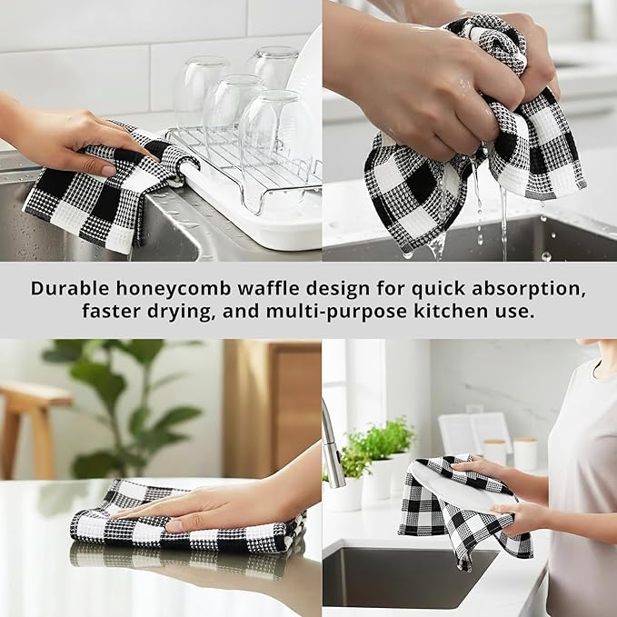 PurpleEssences 100% Cotton Waffle Weave Check Plaid Kitchen Towels, Super Soft and Absorbent Dish Towels for Drying Dishes 15 x 25-4 Pack - Christmas Holiday Winter - Black and White