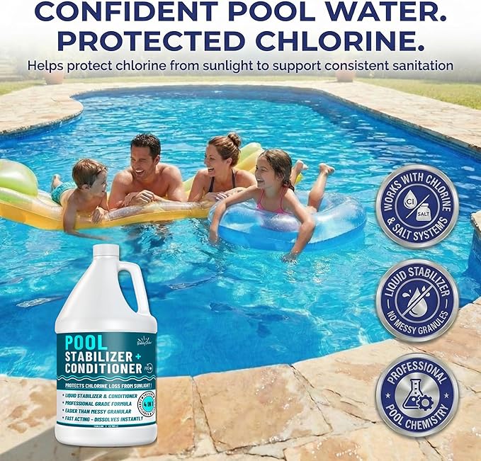 Pool Stabilizer - Cyanuric Acid Pool Stabilizer, Liquid Chlorine Stabilizer for Pool Chemicals, Swimming Pool Conditioner Stabilizer, for Salt Pool & Chlorine, 1 Gallon