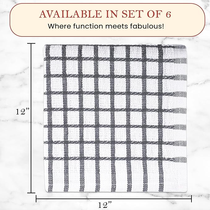 Vintage Vista 100% Cotton Dish Cloths (Pack of 6) - Dish Rags for Washing Dishes - Reusable & Highly Absorbent Kitchen Towels - Kitchen Rags for Christmas - (12" x 12" - Slate Grey Checkered)