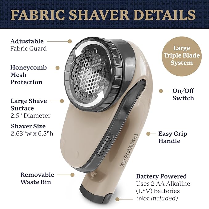 Farberware Lint Remover Fabric Shaver – Battery Operated Lint Shaver with Triple Blades for Clothes, Sweater Shaver to Remove Fuzz, Lint Balls, Pilling for Clothing, Couch, Furniture (Beige, Large)