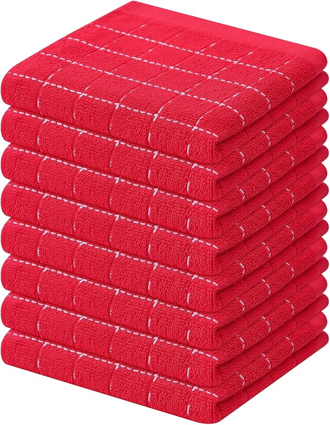 Mordimy 100% Cotton Terry Cloth Dish Cloths, Soft and Absorbent Checkered Dish Towels, Quick Drying Dish Rags for Washing Dishes, 8 Pack, 12 x 12 Inches, Red