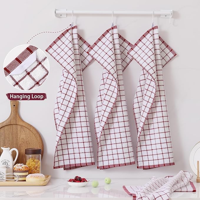 Homaxy Premium Kitchen Towels(16”x 28”, 8 Pack), Large Ring Spun Cotton Dish Towels, Super Absorbent Soft Terry Kitchen Hand Towels, Check Design Tea Towel Set with Hanging Loop, Red