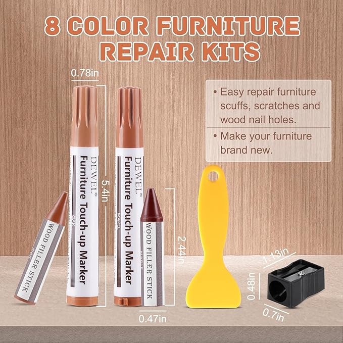 DEWEL Furniture Markers Touch Up, 17 Pcs Wood Scratch Repair Kit, Upgrade Wood Furniture Repair Markers and Wax Sticks for Stains, Scratches, Wood Floors, Tables, Bedposts
