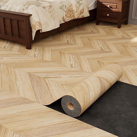 Oxdigi Peel and Stick Herringbone Vinyl Flooring Roll 23"x 118"/19 Sq.Ft, Self Adhesive Vinyl Floor Tiles Wood Plank Flooring Waterproof Wear-Resistant for Any Room, DIY Floor Coverings, Nature Wood