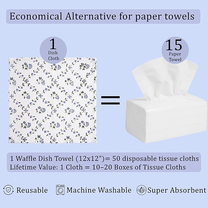 Ridhi Powder Blue Hand Block Print Cotton Waffle Dish Cloth Set of 12-12x12 Inch Super Absorbent, Soft, Reusable Kitchen Towels for Dish Drying Cleaning, Ideal for Spring, Easter, Valentine