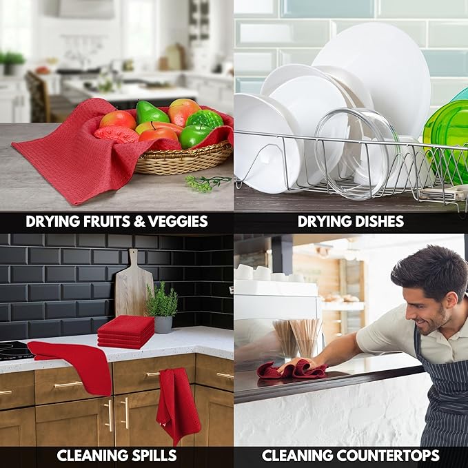 Red Waffle Kitchen Towels, 100% Cotton, Quick Dry, Super Absorbent, Soft, Lint-Free, 16x26 Inches, with Hanging Loop - Ideal for Dish Drying, Bar, Tea, Cleaning & Everyday Use, 4 Pack