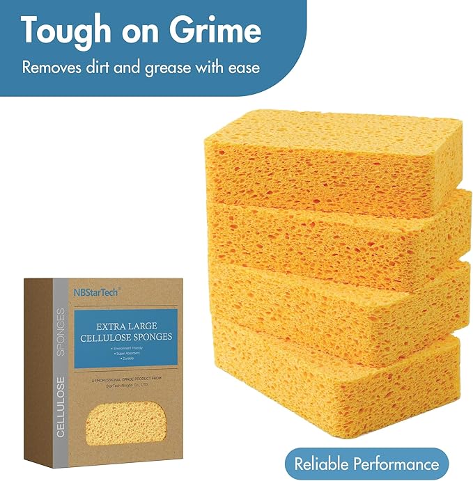 Kitchen Sponges – 4 Pack Large Cellulose Dish Washing Sponges, Natural Wood Pulp, Heavy-Duty Non-Scratch Cleaning for Kitchen, Bathroom, Countertops, Car Wash, 5.4x3.5x1.3 inch