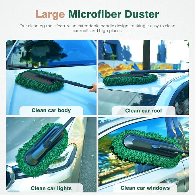 FLORICH Microfiber Car Duster Kit, Large Extendable Car Duster Exterior Scratch Free, Car Cleaning Brush Car Interior Detailing Kit, Car Cleaning Supplies for Cars RV Truck