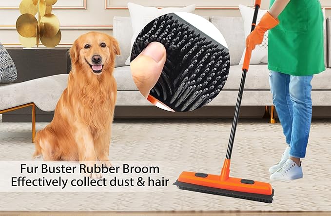 JEHONN Rubber Broom Carpet Rake for Pet Hair Remover, Fur Removal with Squeegee, Portable Detailing Brush Brush, 52.8 Inches Telescopic Long Handle for Fluff Carpet
