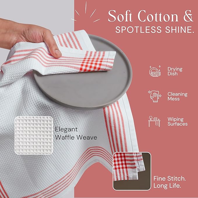 Waffle White & Red Kitchen Dish Towels, Set of 4, 100% Cotton 16x26 inches, Absorbent Tea Towel, Multi-Purpose Hand Cleaning Towel, Strong and Reusable Dish Cloths for Drying Dishes