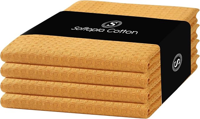 Mustard Yellow Waffle Kitchen Dish Towels 100% Cotton, Soft, Absorbent, Quick Drying, Multipurpose Use, Bar & Hand Towels, 16x26 Inches, Durable, Machine Washable, Reusable, Set of 4