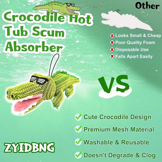 Crocodile Hot Tub Scum Absorber Reusable Washable Hot Tub Sponge Scum Absorber for Spa Hot Tub Oil Scum Absorber Hot Tub Accessories for Adults (1 Pack, Crocodile)