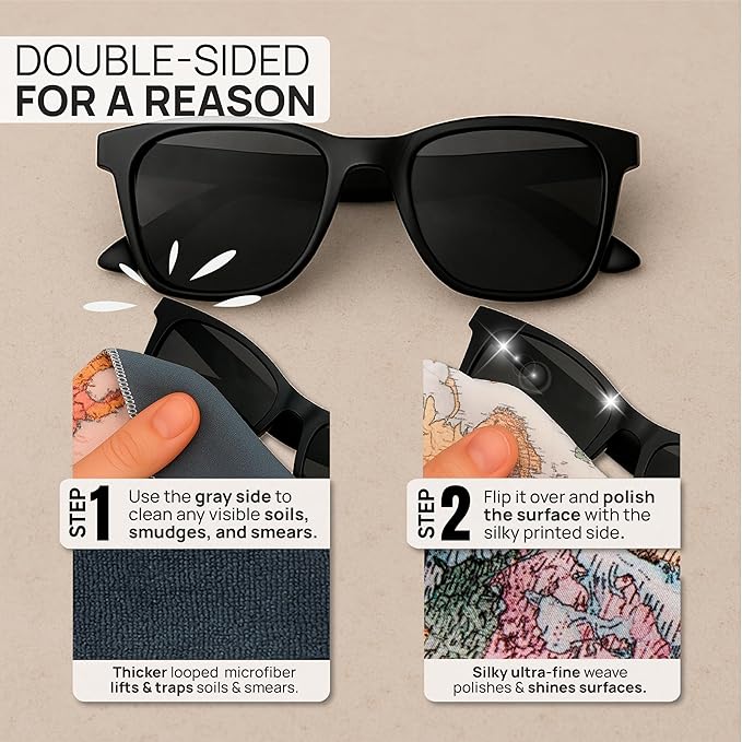 Quick Cloth Microfiber Glasses Cleaning Cloths – 8x8, World Map, 1 Pack with Case | Double-Sided Lens Cleaner for Eyeglasses, Camera, Screens & Glass | Reusable Microfiber Glass Polishing Cloths