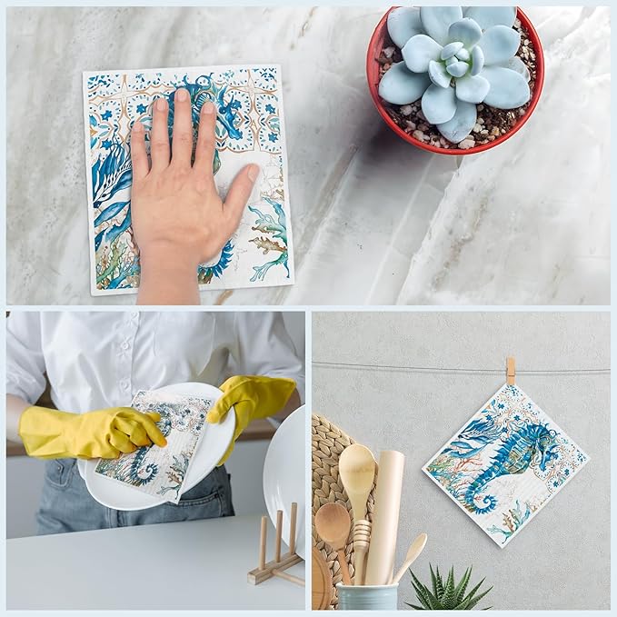 Swedish Dishcloths for Kitchen, Summer Coastal Ocean Seahorse Beach Decor Kitchen Dish Towels for Washing Dishes, 4 Pack Reusable Paper Towels, Sponge Cloths for for Home Cleaning Cooking