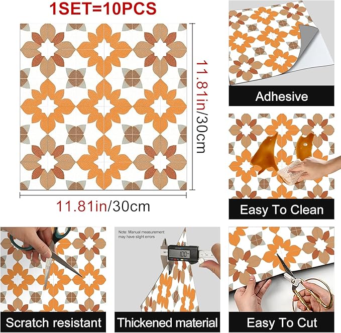 10PCS Peel and Stick PVC Floor Tile Stickers, Retro Orange Floral Pattern Vinyl Flooring Decals for Bathroom Kitchen Laundry Room Decor, 12x12 Inch Waterproof Self-Adhesive Tiles