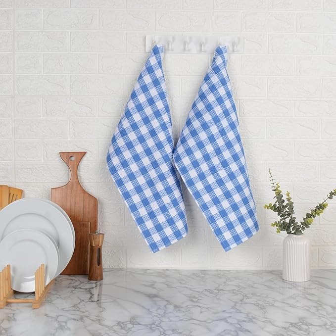 Blue Needles Waffle Weave Check Plaid Kitchen Towels, 15x25 Inches 100% Cotton Set of 4 Dish Towels for Kitchen, Soft & Absorbent for Quick Drying with Hanging Loop Spring Summer - Sky Blue & White