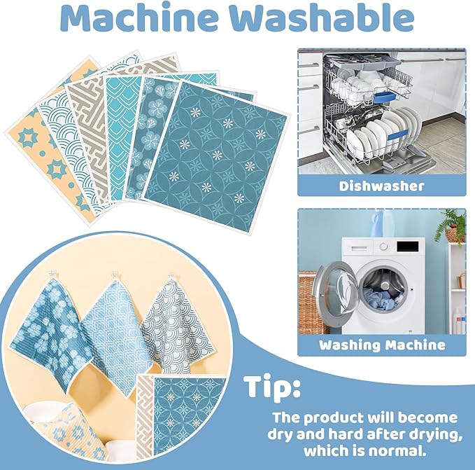 Needbrock 6 Pack Swedish Dishcloths for Kitchen, Geometric Pattern Swedish Rags Dish Towels with Clips, Reusable Paper Towels Washable Absorbent for Cleaning Home Kitchen Valentines Gifts for Women