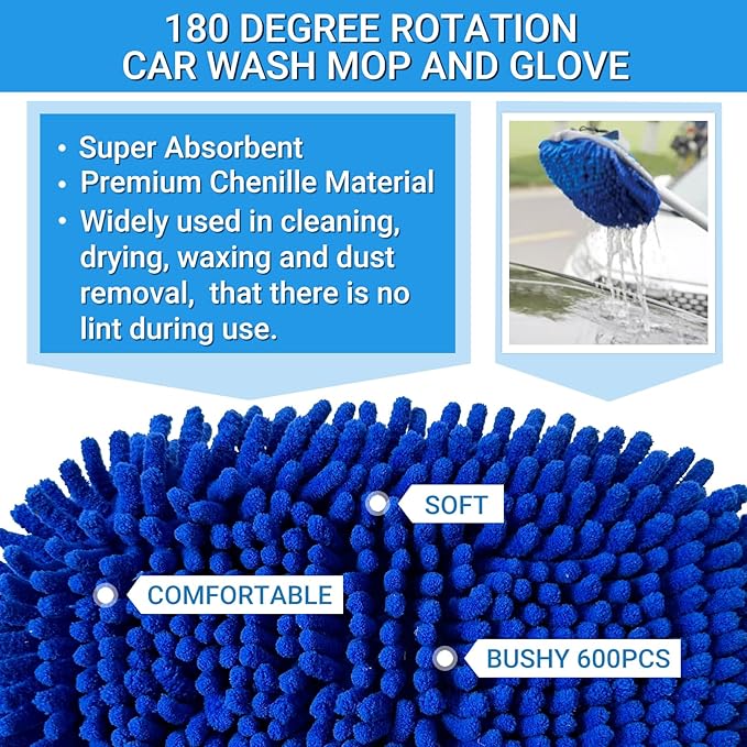 72" Car Wash Brush with Long Handle, On/Off Switch for Car RV Truck Boat Washing Brush, Complete Cleaning Kit with Car Wash Mop Windshield Squeegee Multifunctional Wash Brush
