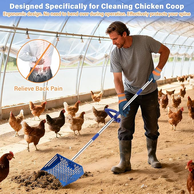 2-in-1 Chicken Poop Scooper & Rake, 10 Inch Coop Sand Sifting Shovel with 37" to 65" Adjustable Stainless Steel Handle, Litter Cleaning Tools with Gloves for Chicken Coop Farm Animals (Blue)