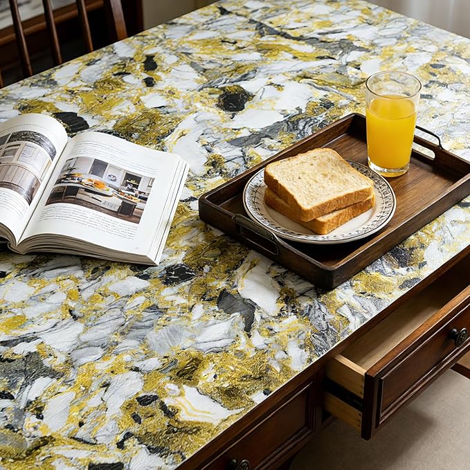 Drawer and Shelf Liner - Yellow Black Marble Pattern,Non Adhesive Non Slip Waterproof Easy-Clean Liner for Kitchen Cabinet, Refrigerator, Bathroom, Pantry Storage Drawers, 12 in x 20 Ft