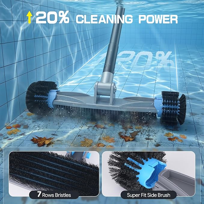 UIRWAY 4-in-1 Deluxe Swimming Pool Cleaning Kit - Includes Upgrade Triangular Pool Vacuum Head, Detachable Brush, Deep Leaf Skimmer Net, Adjustable Aluminum Pole Inground & Above Ground Pools