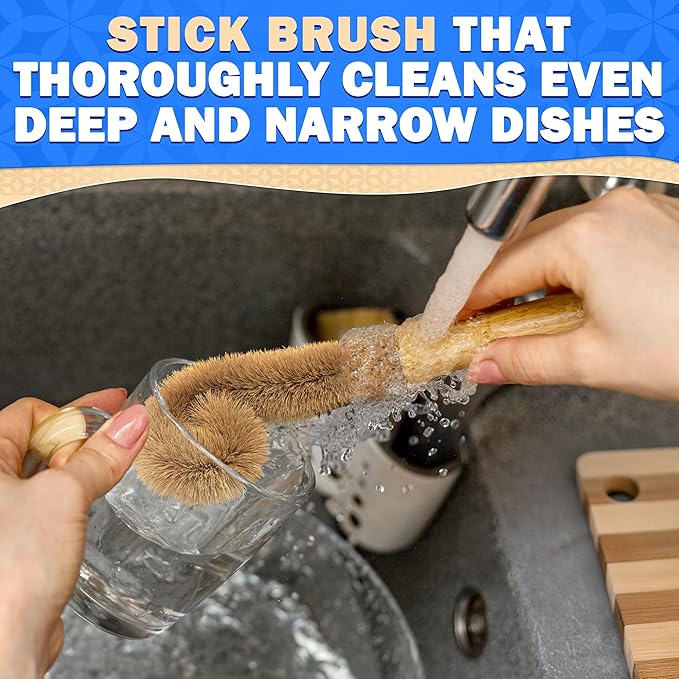 5 Pcs Bamboo Dish Brush Set – Bamboo Dish Scrubber with Soft & Stiff Non-Scratch Bristles, Ergonomic Handle, Replacement Head Included – Lightweight Kitchen Scrubber for Pots, Bottles & Vegetables