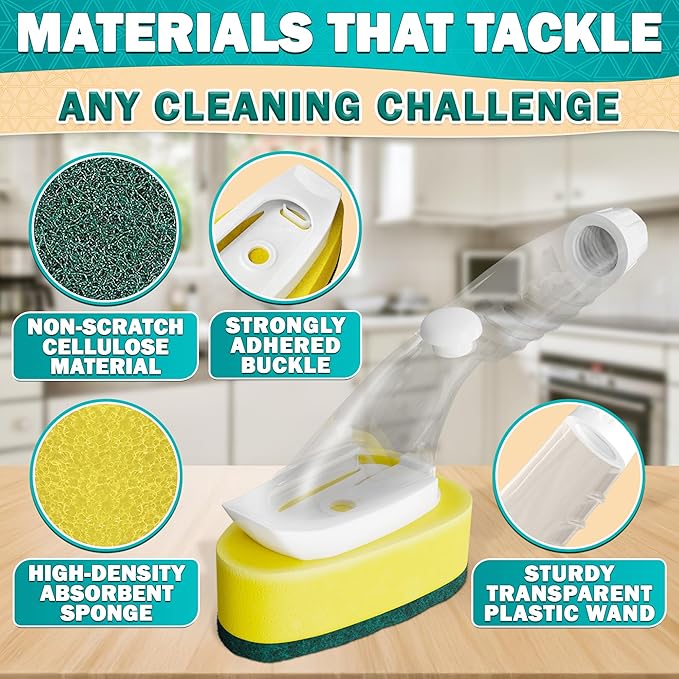 Dish Wand with Soap Dispenser - Dish Sponge with Handle for Quick Dishwashing, High-Density Non-Scratch Cellulose Head, 7 Sponge Refills Included - Leak-Proof Design for Clean & Easy Soap Control