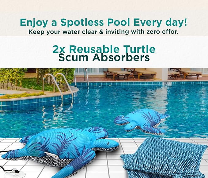 Hot Tub Scum Absorber Turtle ScumGuard Mesh - 2-Pack Oil & Scum Absorber for Spa, Hot Tub & Pool - Keeps Water Clear & Filters Protected - Includes 2 Washable Turtle Absorbers & Mesh Cleaning Cloth