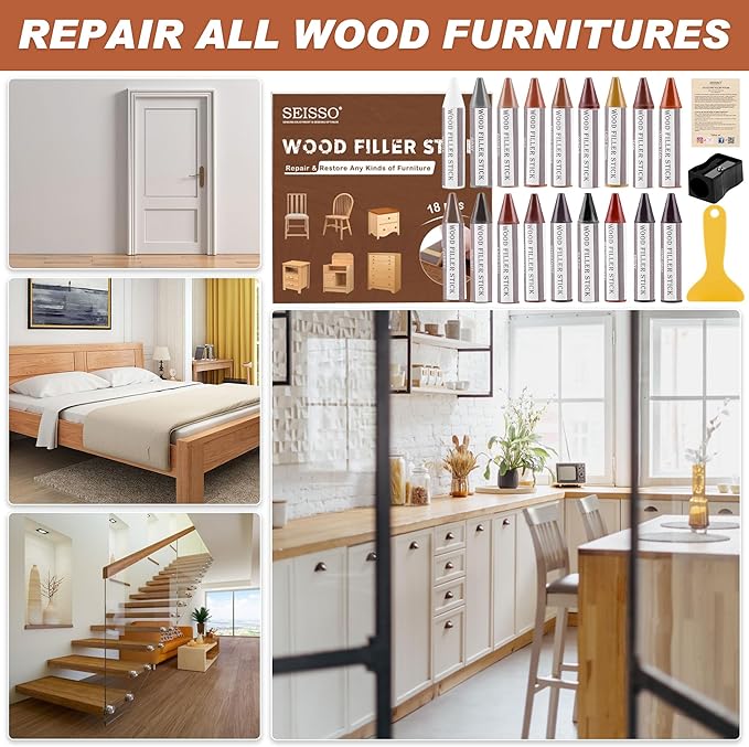 SEISSO Wood Furniture Scratch Repair Filler Sticks, 18 Colors Wax Sticks with Sharpener, Scratch/Dent/Crack/Mark/Stain Cover&Remover, Wood Touch Up Sticks for Floor, Table, Door, Cabinet (18 Color)