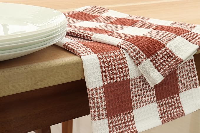 PurpleEssences Rust 100% Cotton Waffle Weave Check Plaid Kitchen Towels, Super Soft and Absorbent Dish Towels for Drying Dishes 15 x 25-4 Pack - Christmas Holiday Winter - Rust and White