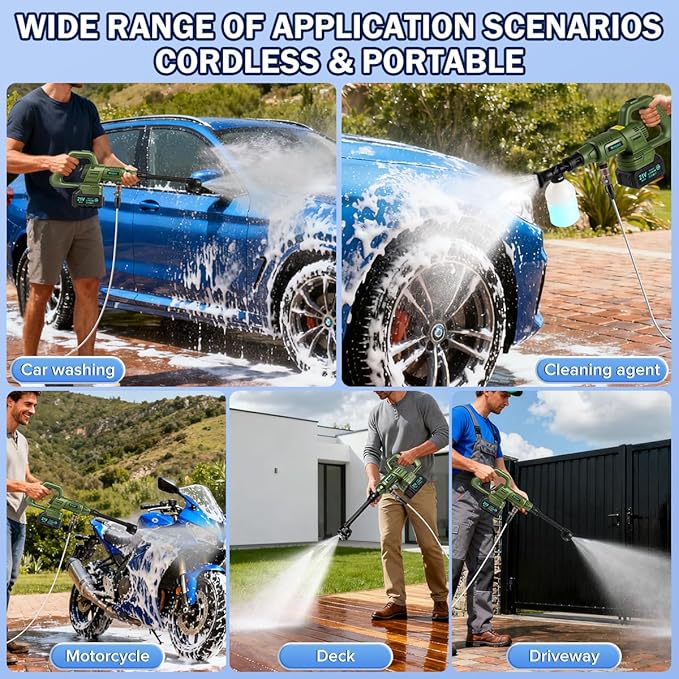 Cordless Pressure Washer Battery Powered;1100PSI Portable Cordless Power Washer,with Brushless Motor,2 Packs Battery&Charger,6-in-1 Nozzle,Foam Cannon,3 Power Level; Pressure Washer for Home,Car,Yard