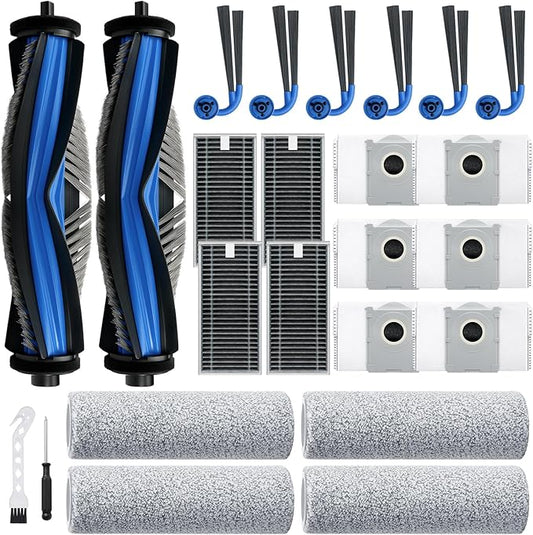 X9 Pro Omni Replacement Parts for Ecovacs Deebot X9 Pro Omni X9 Pro Robotic Vacuum Cleaner Parts with 2 Roller Brush,4 Mop,4 HEAP,6 Dust Bags,6 Side Brushes,1 Screwdrivers,1 Clean Brush