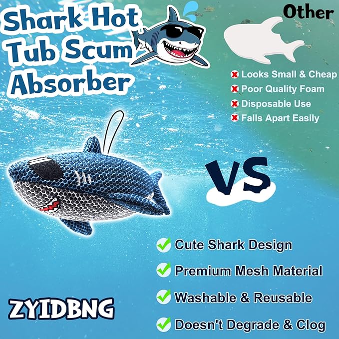 Shark Hot Tub Scum Absorber Reusable Washable Hot Tub Sponge Scum Absorber for Spa Hot Tub Oil Scum Absorber Spa Accessories for Adults (3 Pack, Tiger Shark)