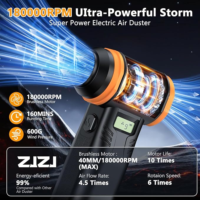 Compressed Air Duster-180000RPM Electric Air Duster with 40MM Brushless Motor, 9-Gears Adjustable Mini Air Blower with LED Light, 10000mAh Rechargeable Battery, Dust Blower for Computer, Home, Car