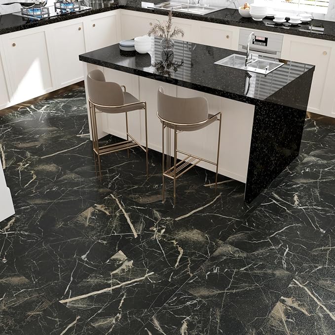 Marble Black Vinyl Flooring Tiles Peel and Stick Floor Tile 12''x12'' Self Adhesive Waterproof Floor Stickers for Kitchen Bathroom Decorative Flooring Sheets for Bedroom Basement RV Sticky Tiles 16PCS