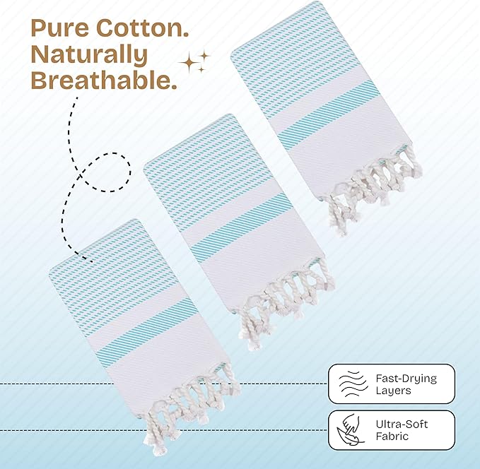 Aqua Blue Turkish Kitchen Towels 16x26 Inch, 3 Pack, 100% Cotton, Super Absorbent, Fast Dry, Machine Washable, Dish Towel with Tassels for Drying Dishes, Cleaning, Everyday Use