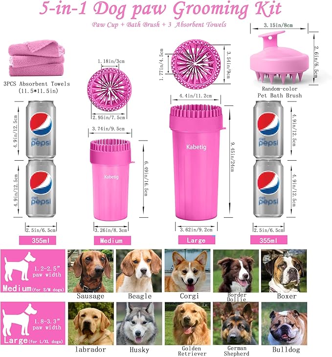Dog Paw Cleaner Kit - Pink, for L/XL Dogs, Quick Clean No Full Bath, 5-in-1 Bath Grooming Kit, Exclusive Cup-Mounted Brush Head, Grip Silicone Brush, 3 Absorbent Towels, Fits Lab