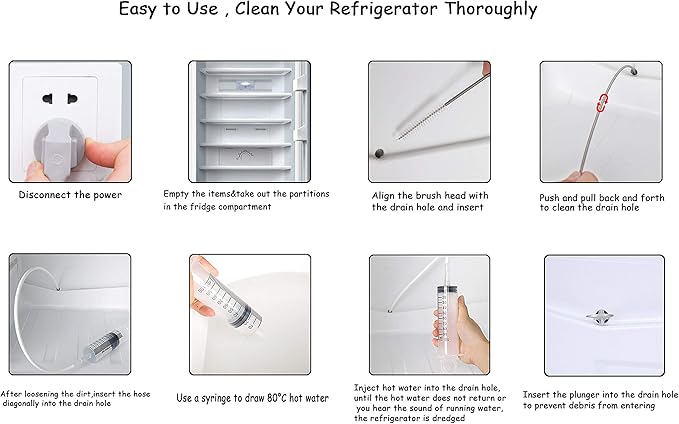 MUAECH Refrigerator Drain Hole Cleaner Kit, 7-Piece Fridge Drain Tube Cleaning Tool with 60IN Long Flexible Brush & Hose, for Clogged Water Line & Dispenser - Includes Syringe, Plungers, Shovel